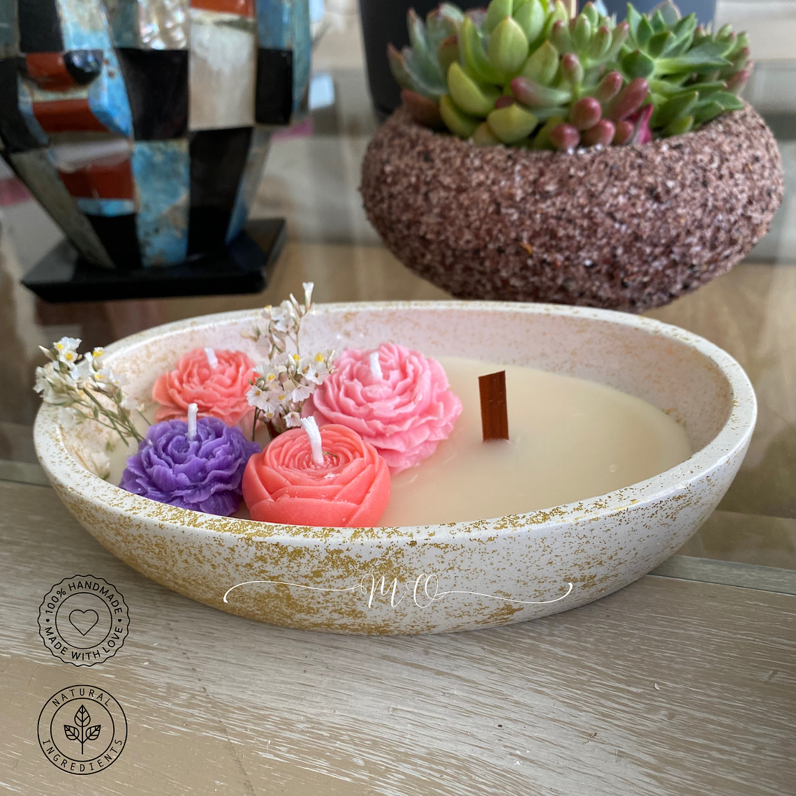 Vela artesanal, Floral en cuenco alargado 3