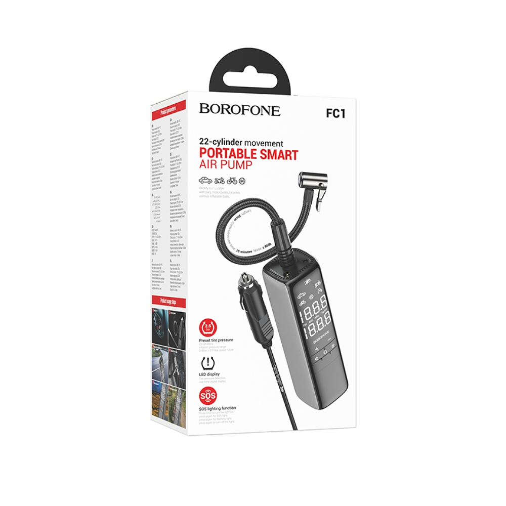 Inflador para Neumáticos Borofone FC1 Portátil, 12v, Digital 1