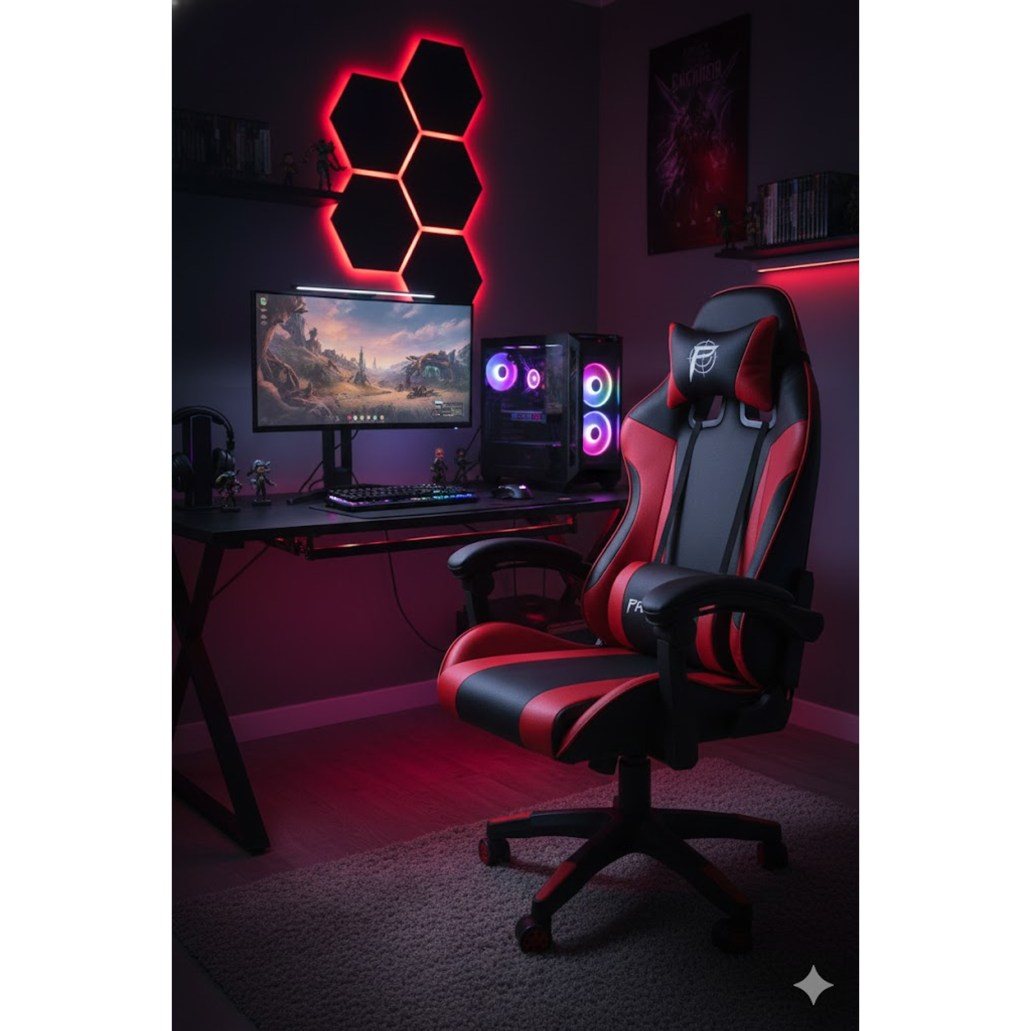 Silla Gamer Panther, Reclinable, Color Negro Rojo 2