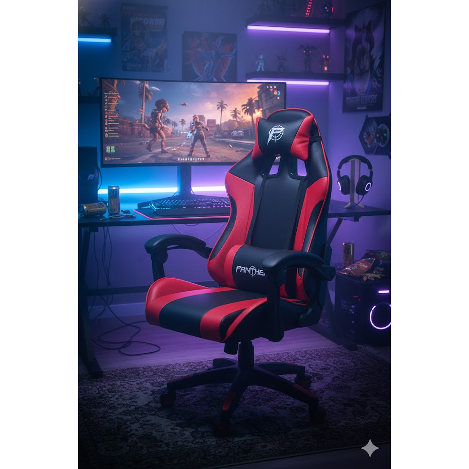Silla Gamer Panther, Reclinable, Color Negro Rojo 1