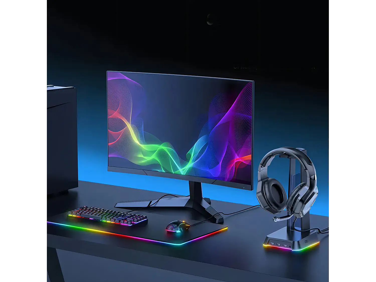 Soporte Audifonos Onikuma St-2, RGB, Color Negro, Hub USB 3
