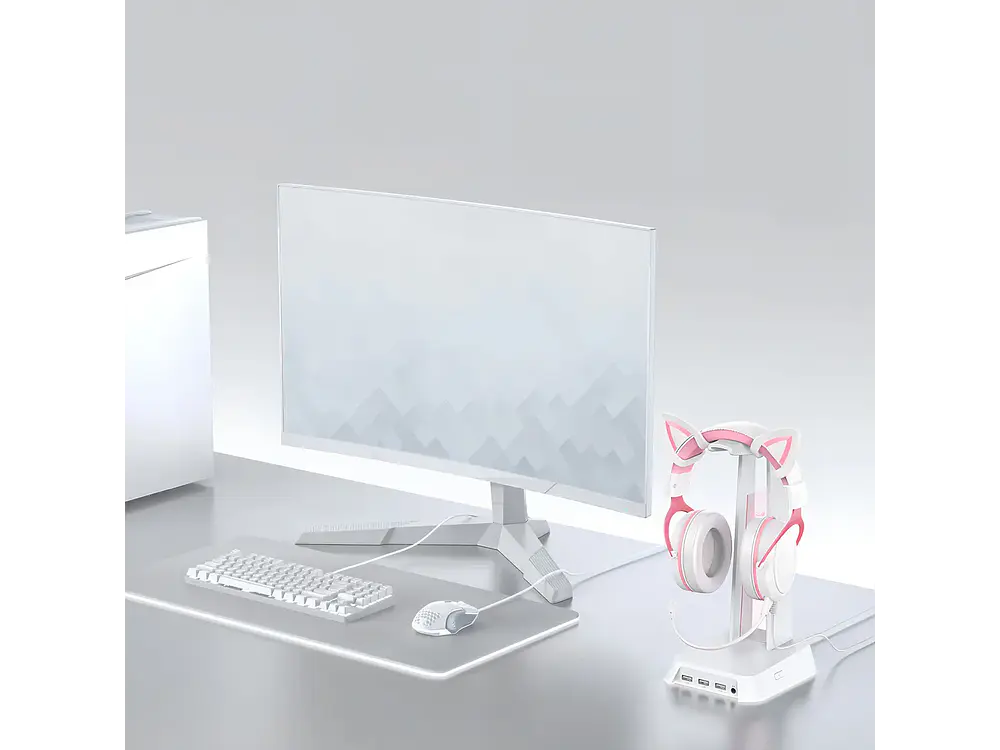 Soporte Audifonos Onikuma St-2, RGB, Color Blanco, Hub USB 3