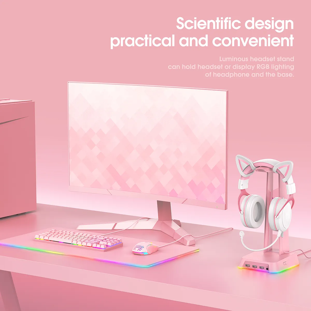 Soporte Audifonos Onikuma St-2, RGB, Color Rosado, Hub USB 3