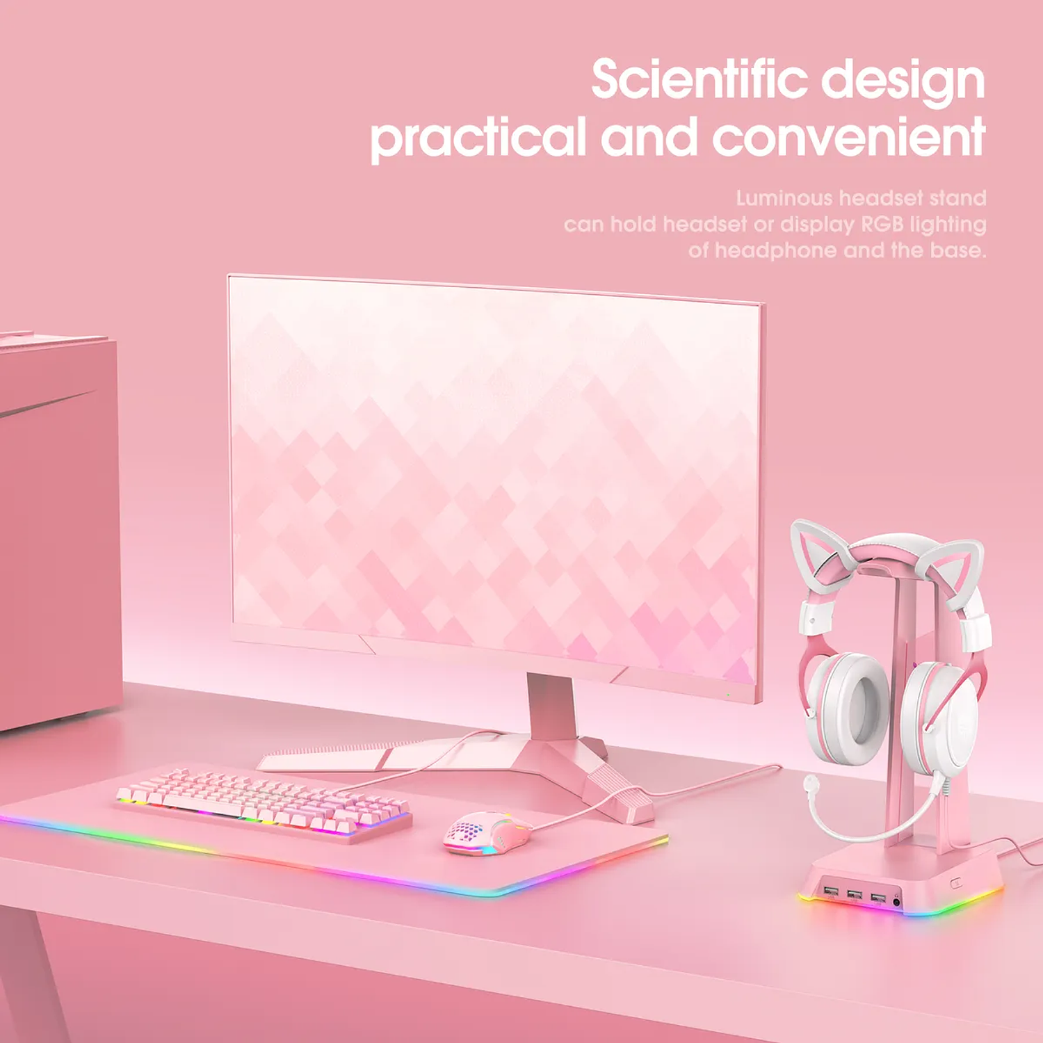 Soporte Audifonos Onikuma St-2, RGB, Color Rosado, Hub USB 3