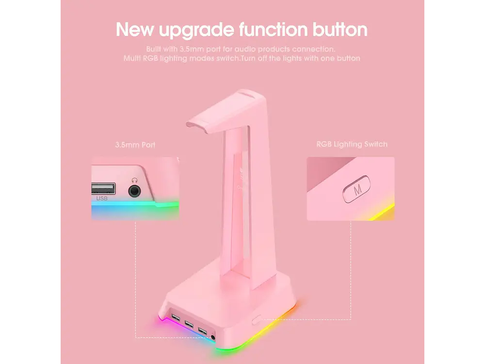 Soporte Audifonos Onikuma St-2, RGB, Color Rosado, Hub USB 4