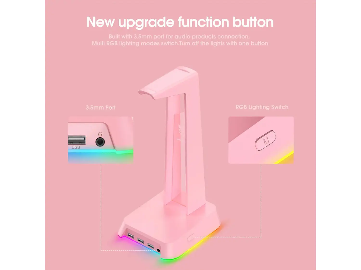Soporte Audifonos Onikuma St-2, RGB, Color Rosado, Hub USB 4