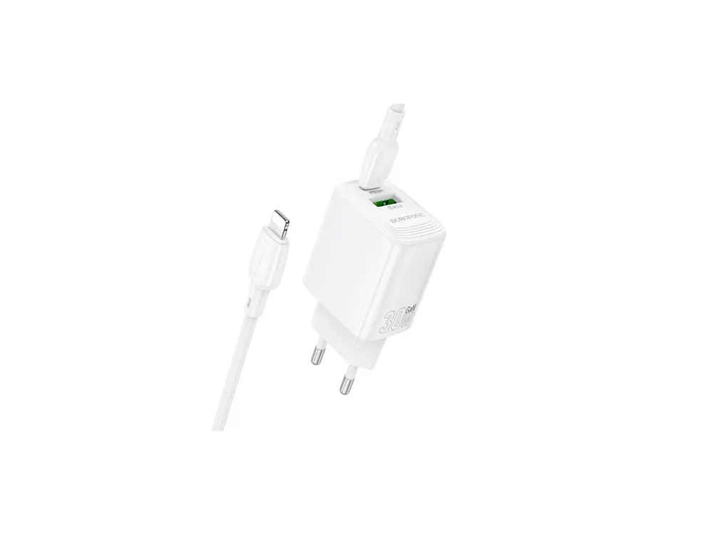 Cargador Borofone BN29 SEC GaN 30W, Doble Puerto + Cable Lightning 3