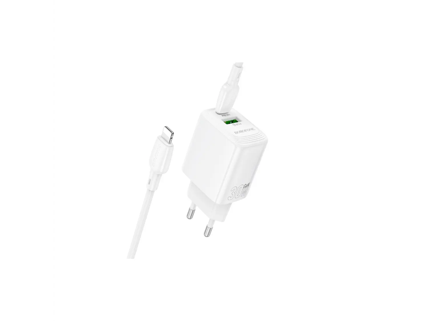 Cargador Borofone BN29 SEC GaN 30W, Doble Puerto + Cable Lightning 3