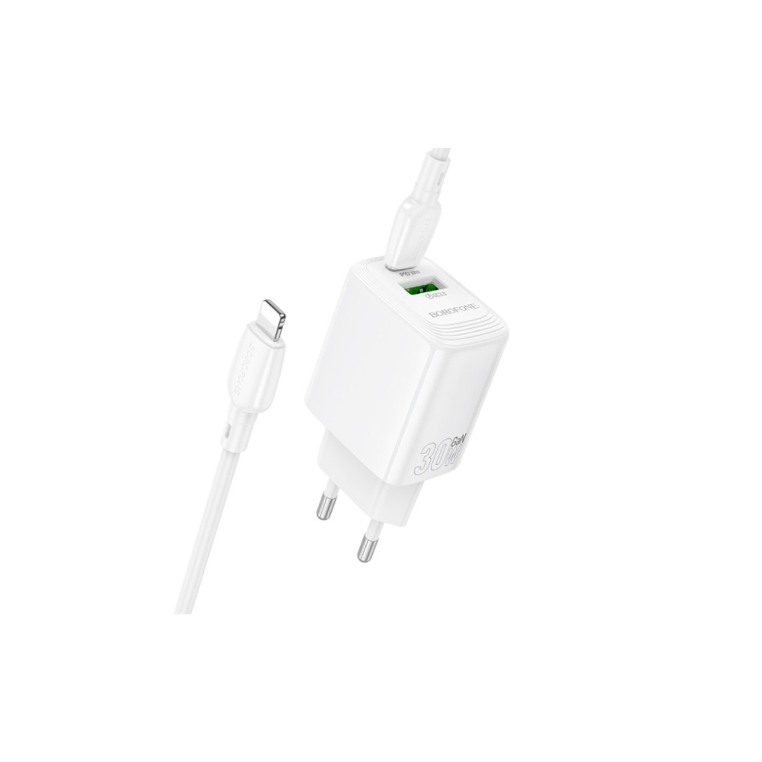 Cargador Borofone BN29 SEC GaN 30W, Doble Puerto + Cable Lightning 2