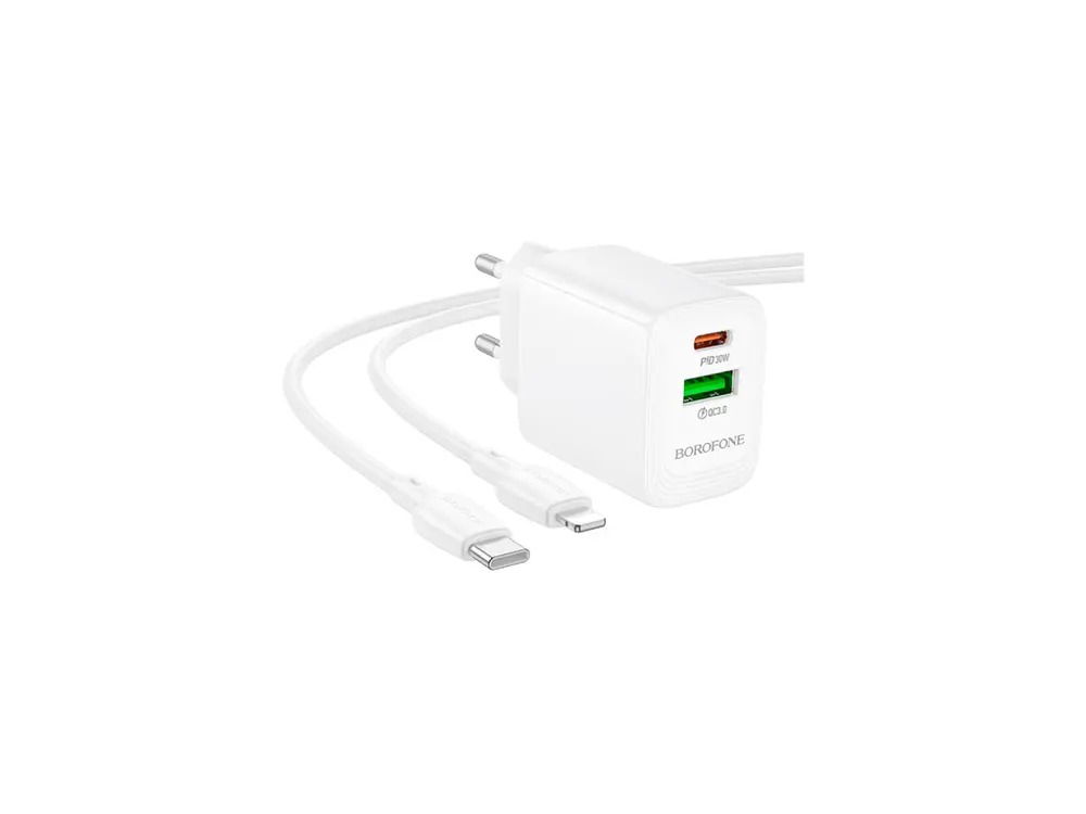 Cargador Borofone BN29 SEC GaN 30W, Doble Puerto + Cable Lightning 5
