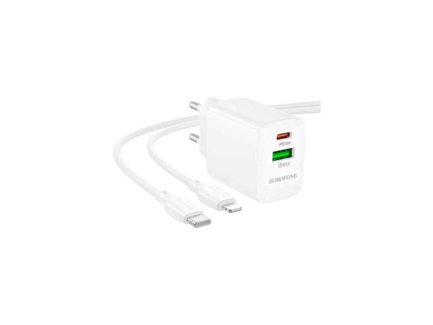 Cargador Borofone BN29 SEC GaN 30W, Doble Puerto + Cable Lightning 5
