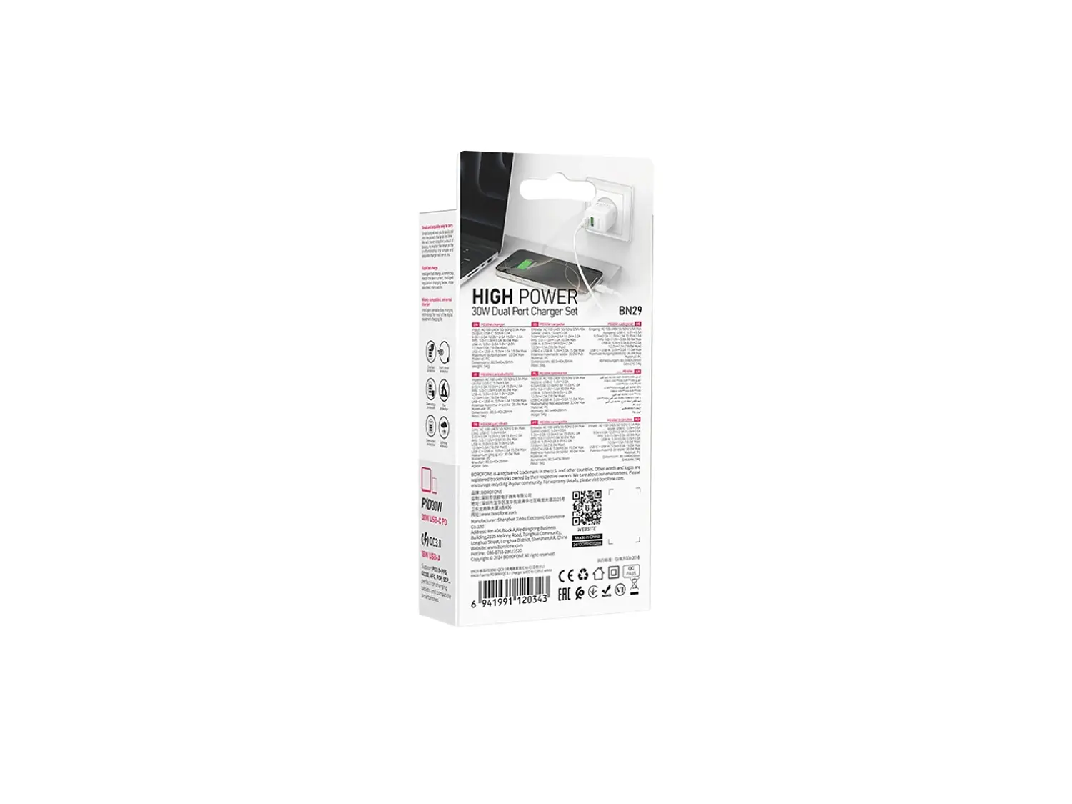 Cargador Borofone BN29 SEC GaN 30W, Doble Puerto + Cable Lightning 4