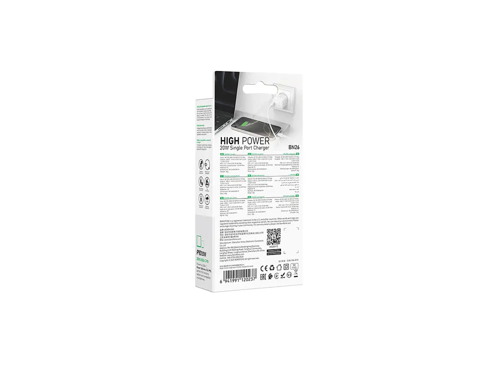 Cargador Borofone BN26 SEC GaN 20W, Puerto USB C + Cable Lightning 4