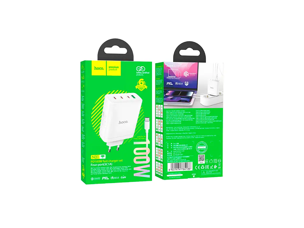 Turbo Cargador Hoco N31 100W,  1 USB A + 3 USB-C, Color Blanco 1