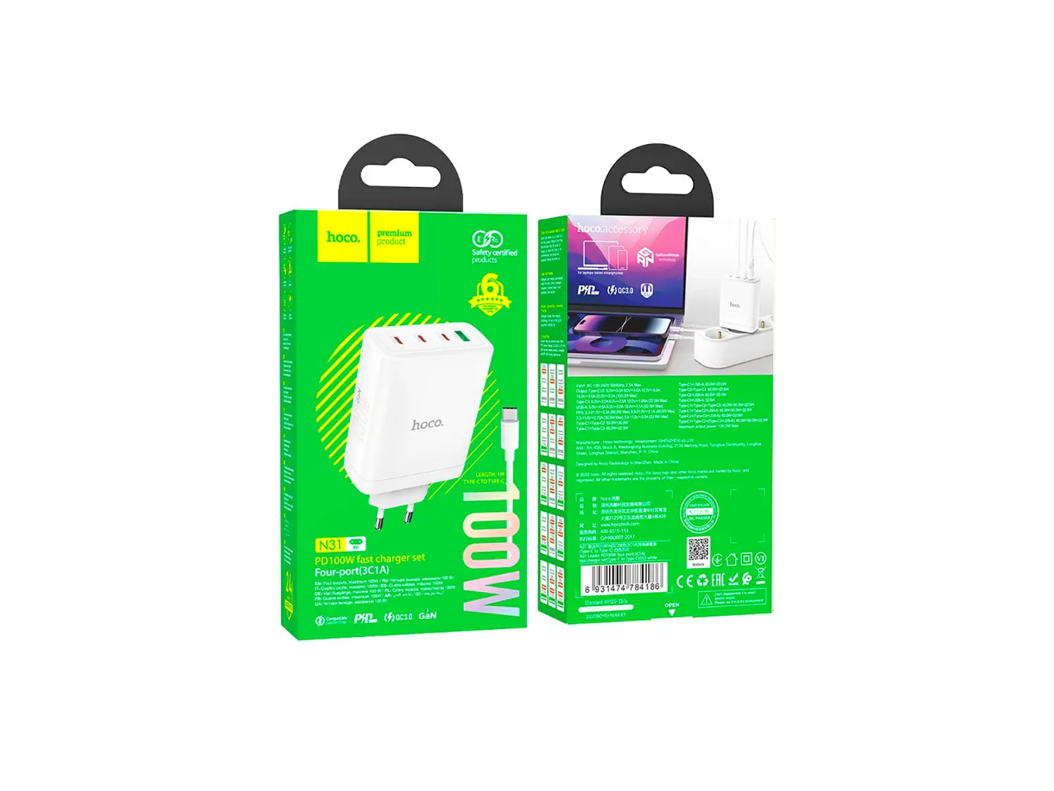 Turbo Cargador Hoco N31 100W,  1 USB A + 3 USB-C, Color Blanco 1