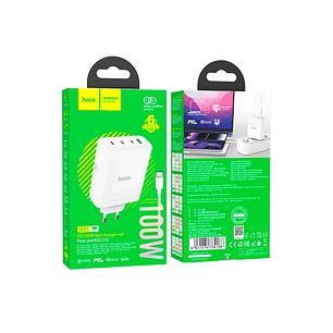 Turbo Cargador Hoco N31 100W,  1 USB A + 3 USB-C, Color Blanco