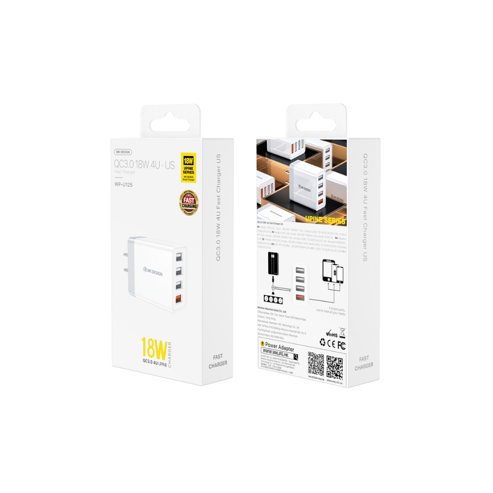 Cargador Wekome WP-U125, 4 Puertos USB-A, 18W 3