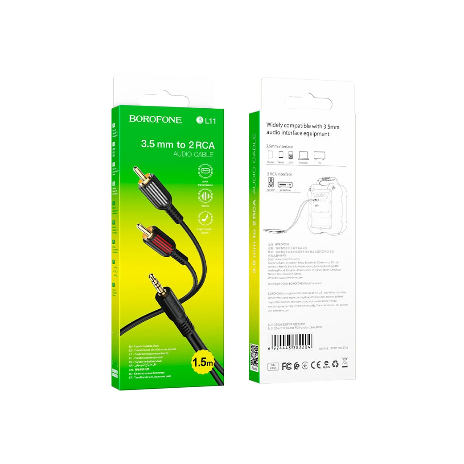 Cable Borofone BL11 Auxiliar 3.5 a RCA, 1.5 mt 1