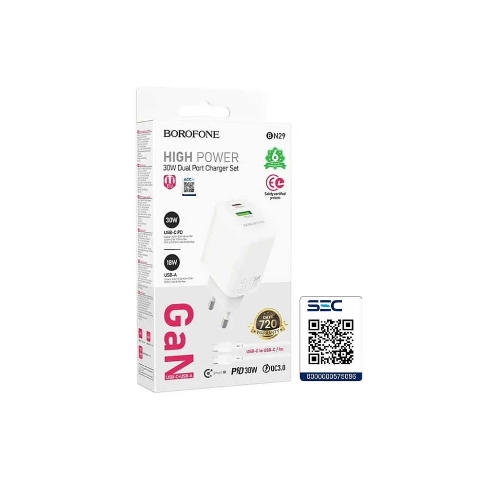 Cargador Borofone BN29 SEC GaN 30W, Doble Puerto + Cable Lightning 1