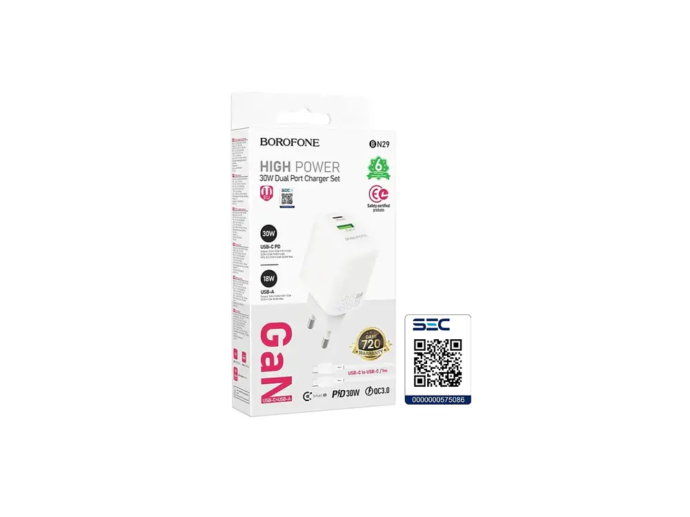 Cargador Borofone BN29 SEC GaN 30W, Doble Puerto + Cable Lightning 1