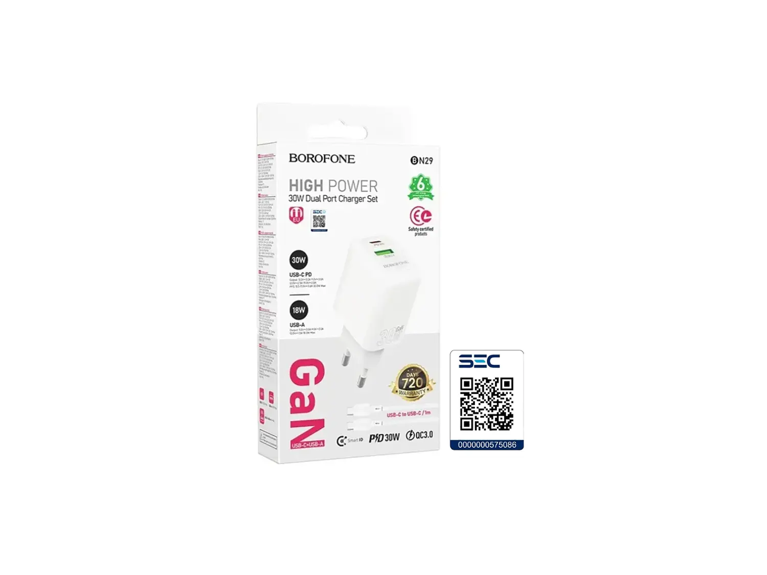 Cargador Borofone BN29 SEC GaN 30W, Doble Puerto + Cable Lightning 1