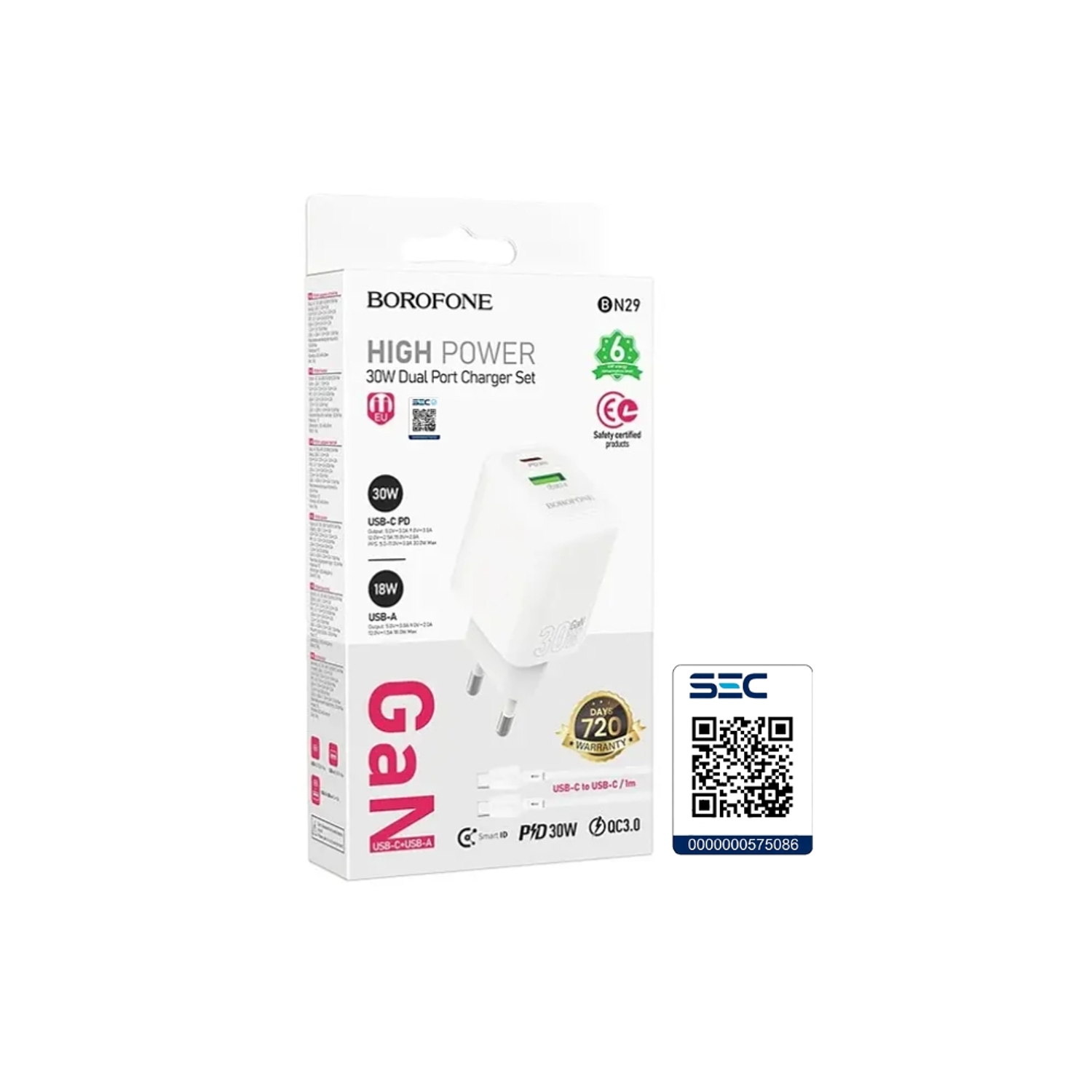 Cargador Borofone BN29 SEC GaN 30W, Doble Puerto 1