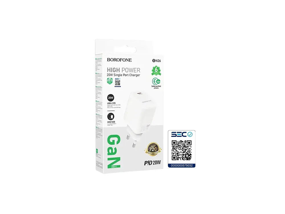 Cargador Borofone BN26 SEC GaN 20W, Puerto USB C + Cable Lightning 1