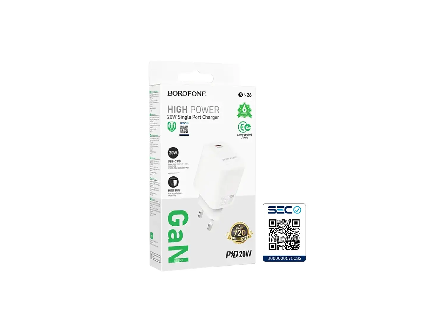 Cargador Borofone BN26 SEC GaN 20W, Puerto USB C + Cable Lightning 1