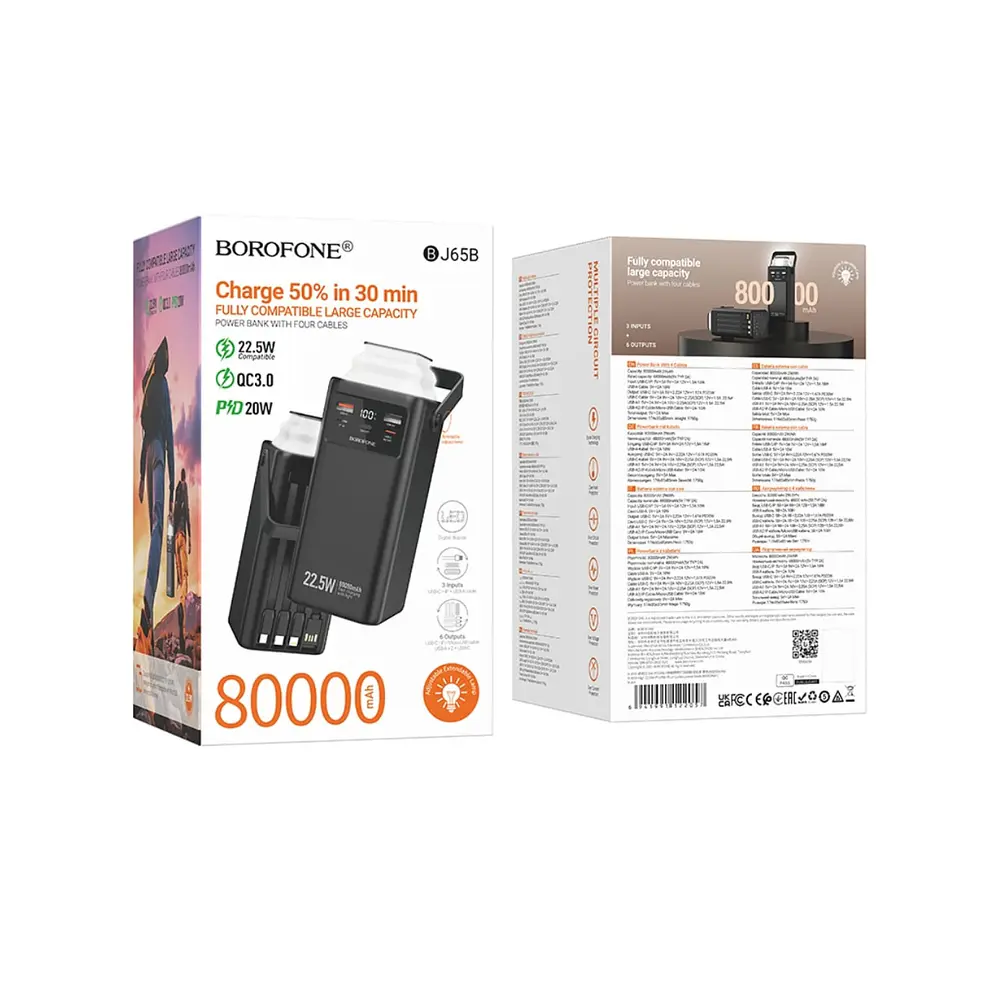 PowerBank Borofone BJ65B 80.000 mAh con Lámpara, Color Negro, 22.5W, PD20W 3