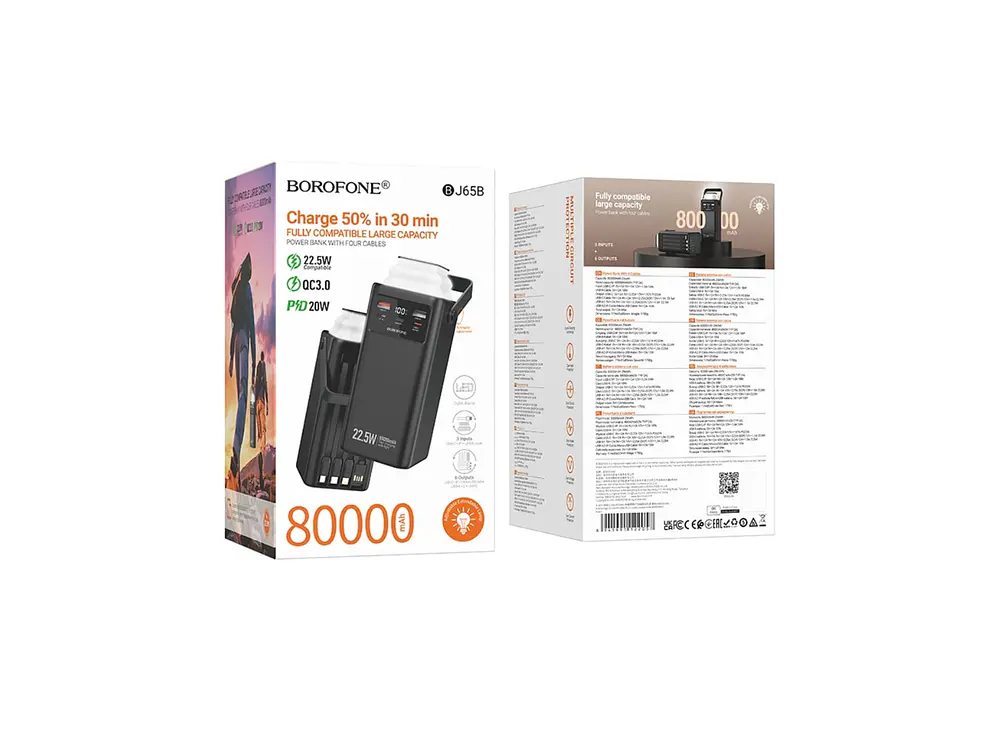 PowerBank Borofone BJ65B 80.000 mAh con Lámpara, Color Negro, 22.5W, PD20W 3