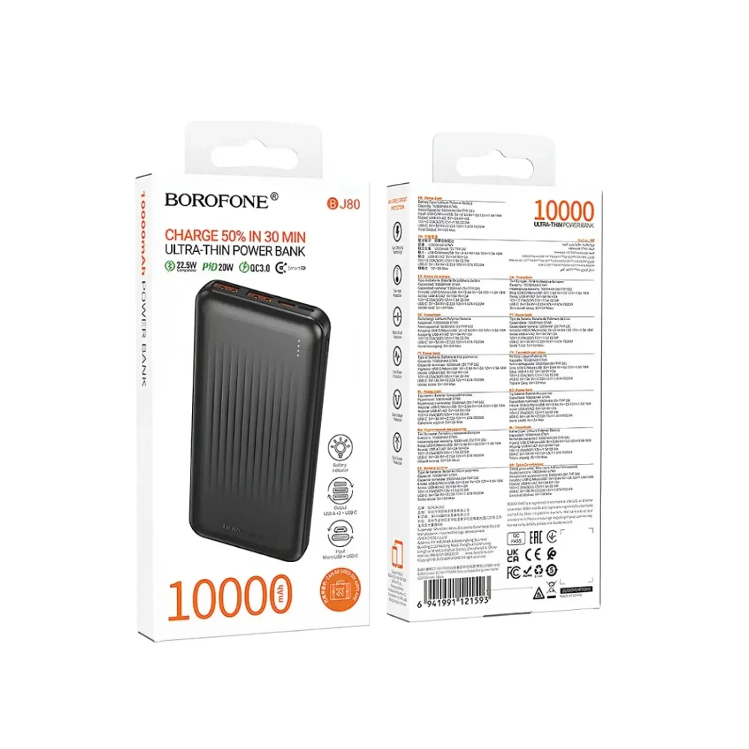 PowerBank Borofone BJ80 10.000 mAh, Color Negro, 22.5W, PD20W 3