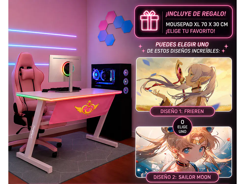 Escritorio Gamer RGB, 120Cm x 60Cm, Color Blanco, + Mousepad Gamer 70 x 30 1