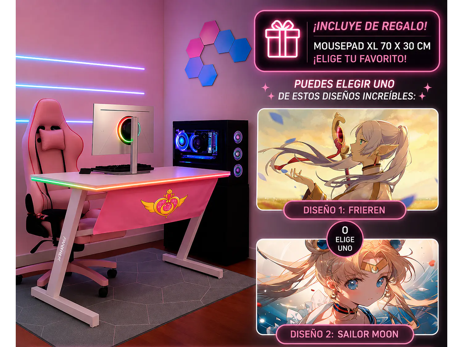 Escritorio Gamer RGB, 120Cm x 60Cm, Color Blanco, + Mousepad Gamer 70 x 30 1
