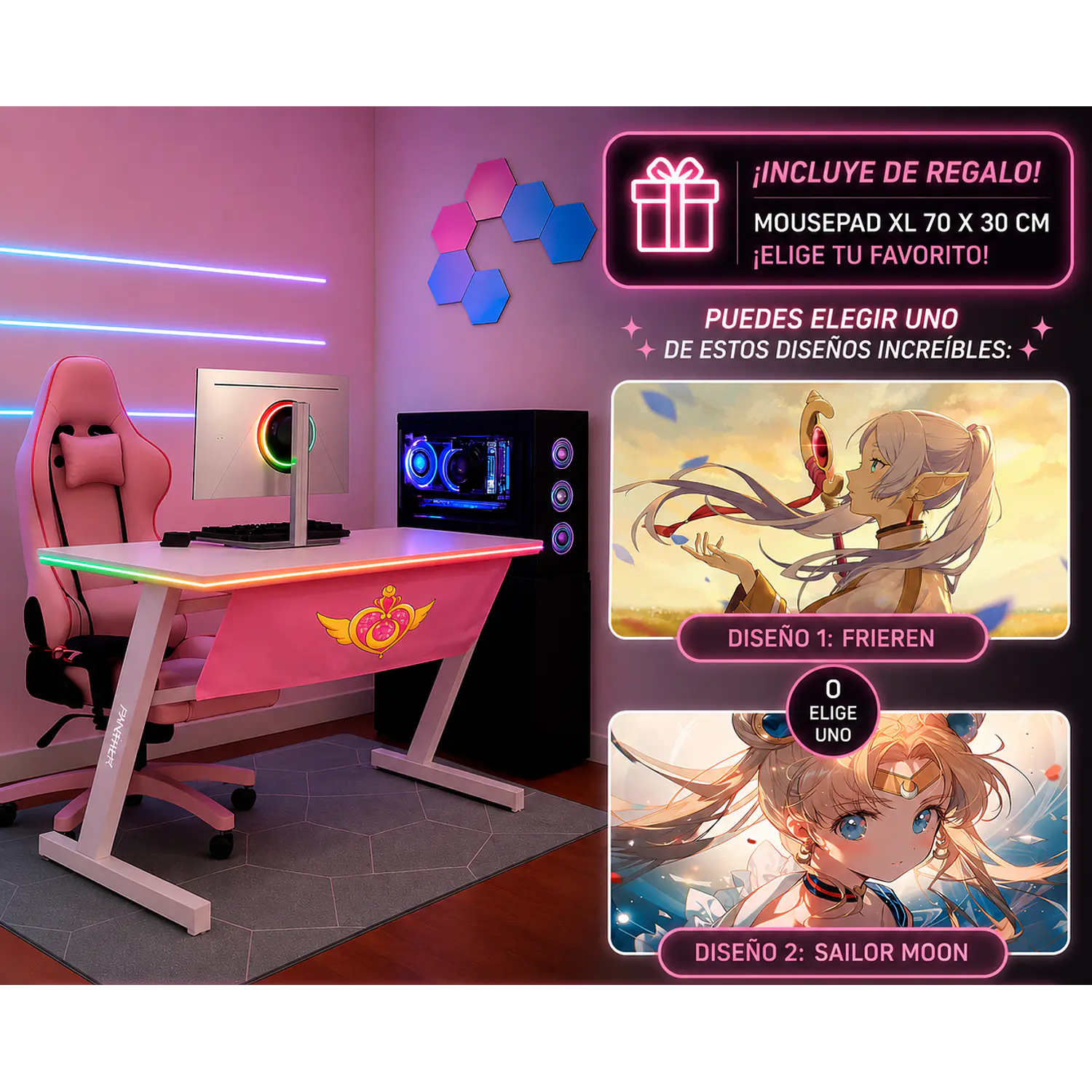 Escritorio Gamer RGB, 120Cm x 60Cm, Color Blanco, + Mousepad Gamer 70 x 30 1