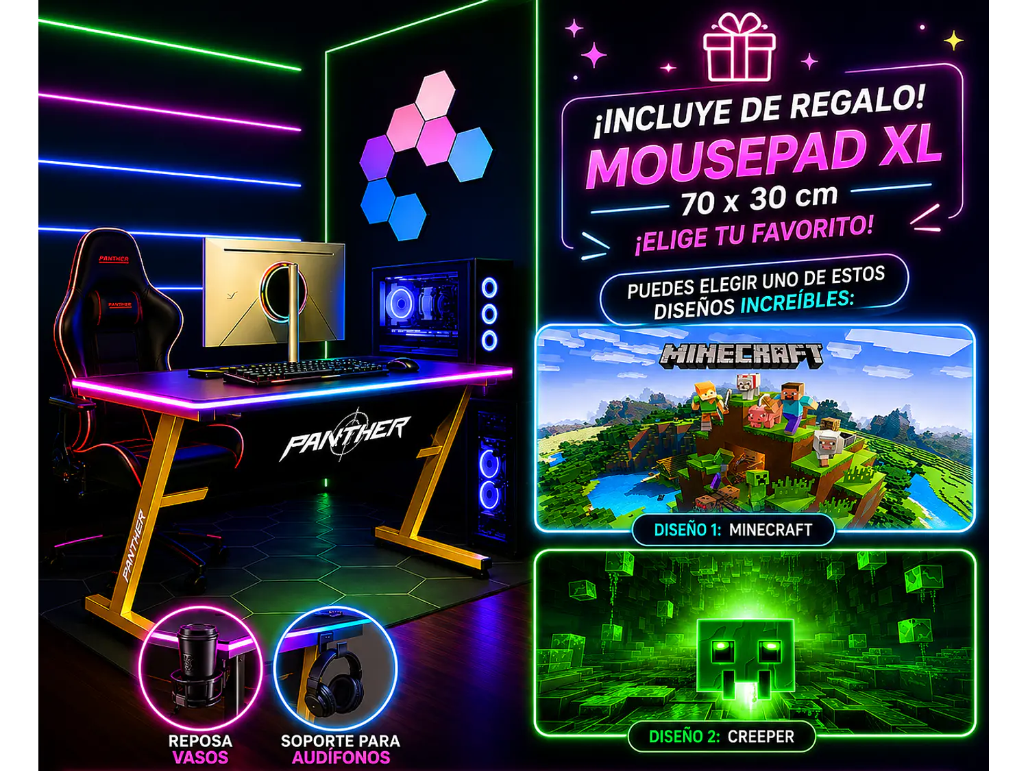 Escritorio Gamer RGB, 120Cm x 60Cm, Color Negro, + Mousepad Gamer 70 x 30 1