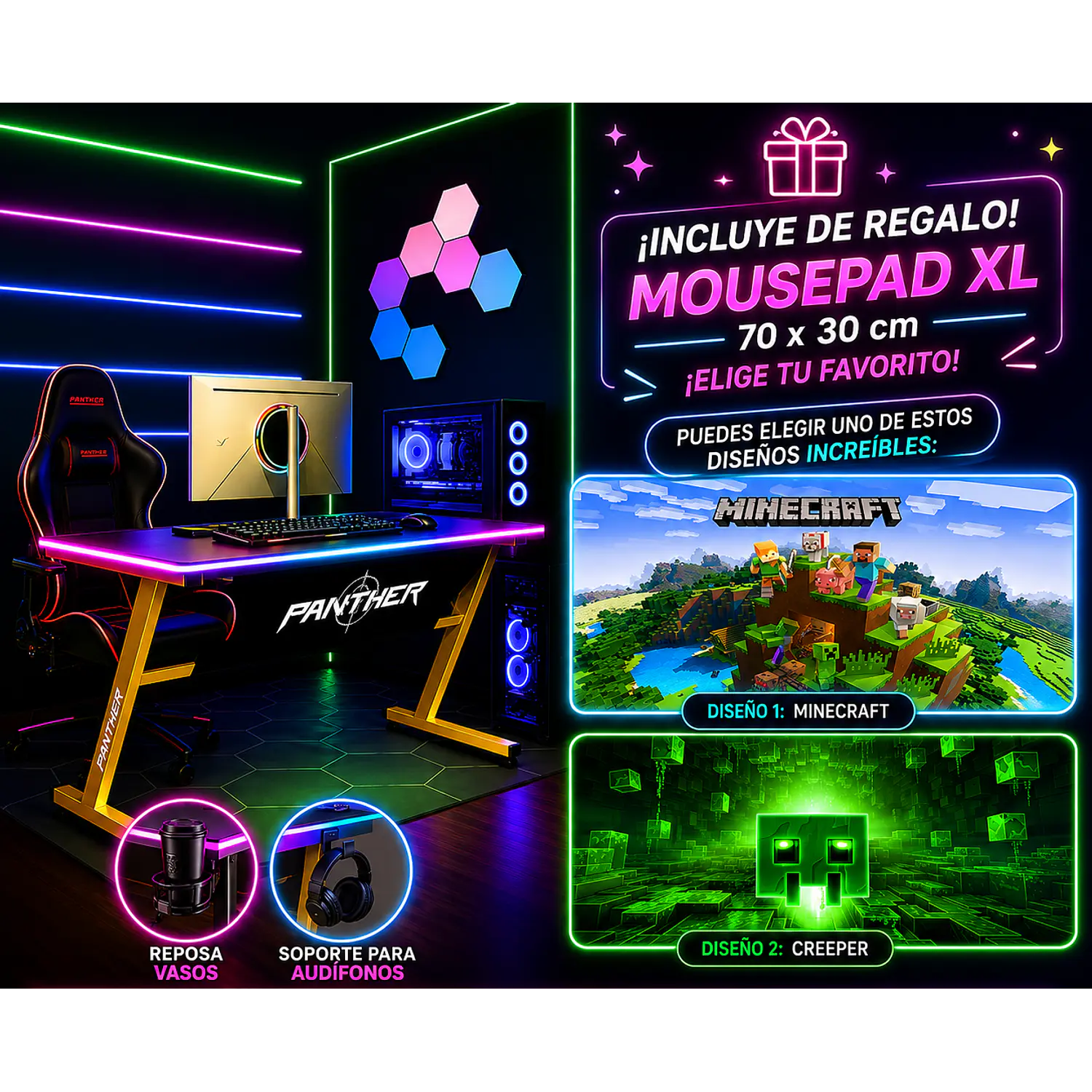 Escritorio Gamer RGB, 120Cm x 60Cm, Color Negro, + Mousepad Gamer 70 x 30 1
