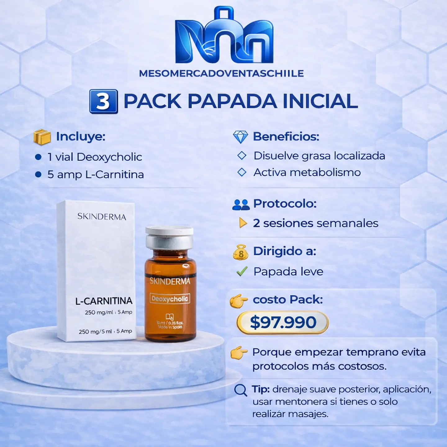 3️⃣ PACK PAPADA INICIAL ( 1 vial Deoxycholic SKINDERMA • 5 amp L-Carnitina SKINDERMA ) 1