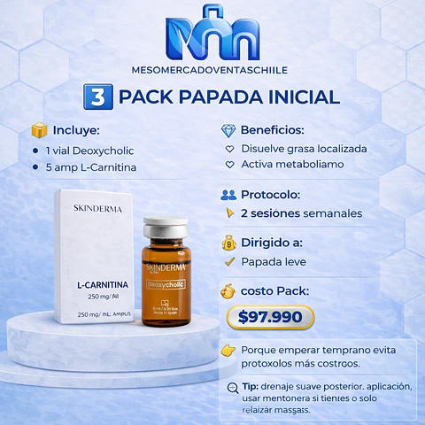 3️⃣ PACK PAPADA INICIAL ( 1 vial Deoxycholic SKINDERMA • 5 amp L-Carnitina SKINDERMA )