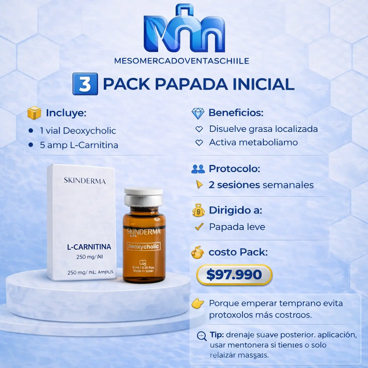 3️⃣ PACK PAPADA INICIAL ( 1 vial Deoxycholic SKINDERMA • 5 amp L-Carnitina SKINDERMA ) 1