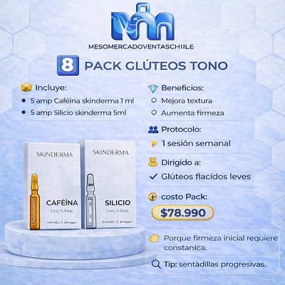 8️⃣ PACK GLÚTEOS TONO  ( 5 amp Cafeína 1 ml  • 5 amp Silicio 5ml ) skinderma
