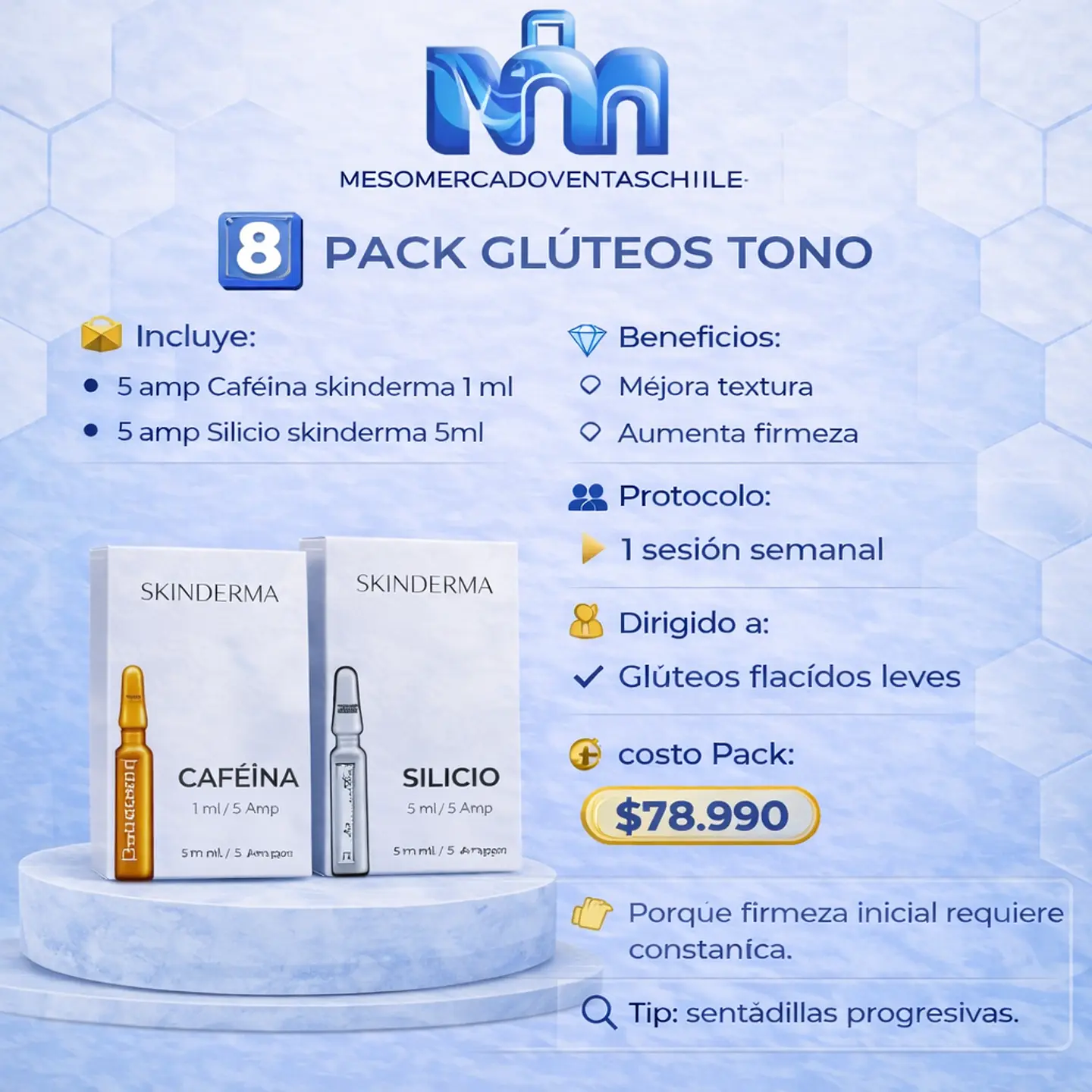 8️⃣ PACK GLÚTEOS TONO  ( 5 amp Cafeína 1 ml  • 5 amp Silicio 5ml ) skinderma 1