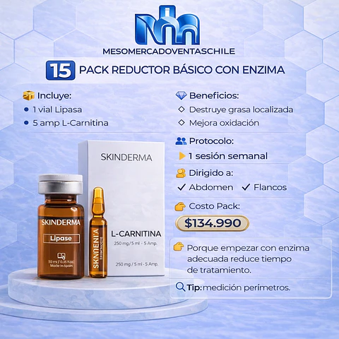 1️⃣5️⃣ PACK REDUCTOR BÁSICO CON ENZIMA  (1 vial Lipasa  10 ml • 5 amp L-Carnitina 5 ml skinderma )