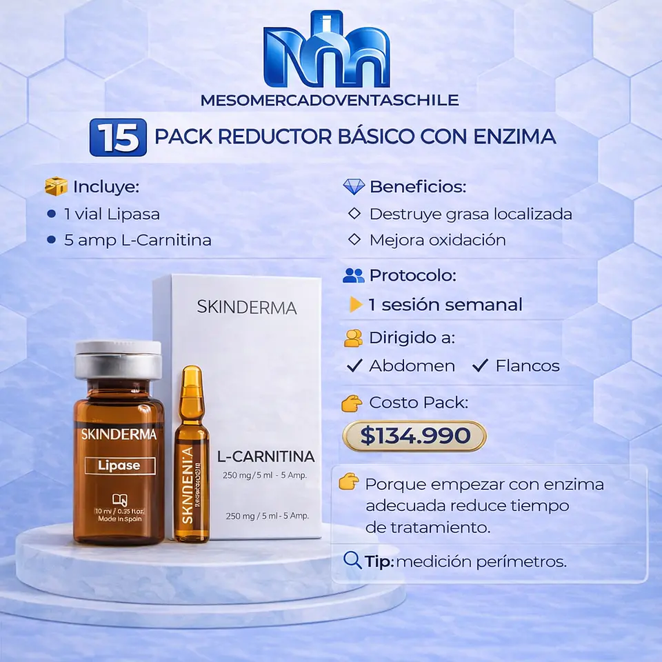 1️⃣5️⃣ PACK REDUCTOR BÁSICO CON ENZIMA  (1 vial Lipasa  10 ml • 5 amp L-Carnitina 5 ml skinderma ) 1