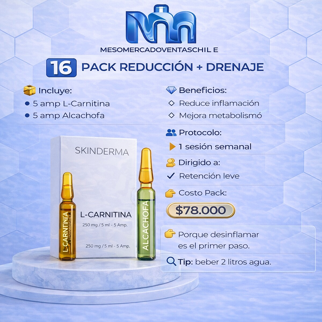 1️⃣6️⃣ PACK REDUCCIÓN + DRENAJE 📦 Incluye: • 5 amp L-Carnitina • 5 amp Alcachofa skinderma 1