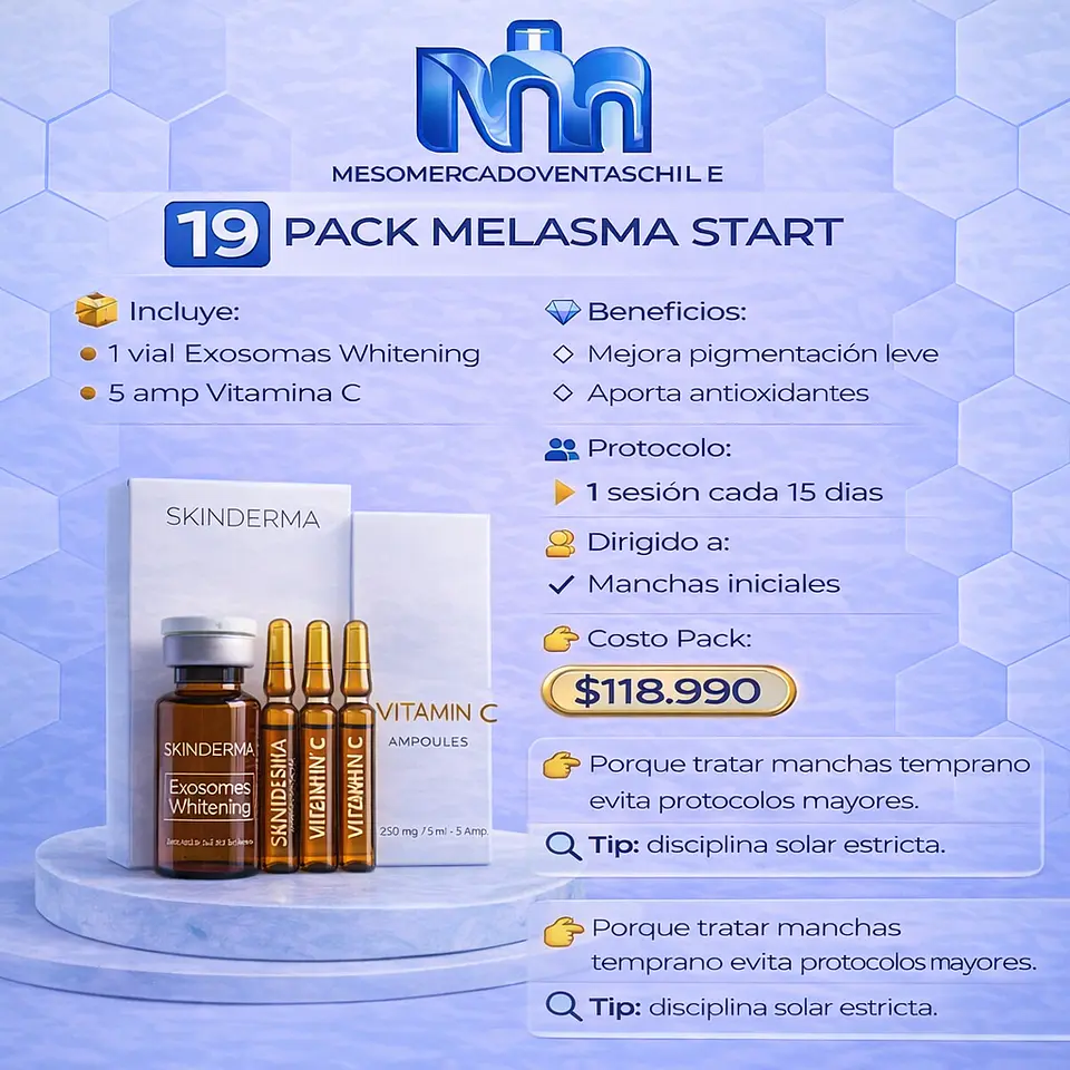 1️⃣9️⃣ PACK MELASMA START  (1 vial Exosomas Whitening liofilizado skinderma • 5 amp Vitamina C 5ml  1