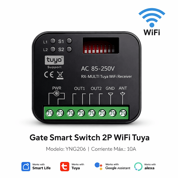 Controlador Inteligente WiFi para Portón 2 Canales Tuya – 10A | Gate Smart Switch 2P 1
