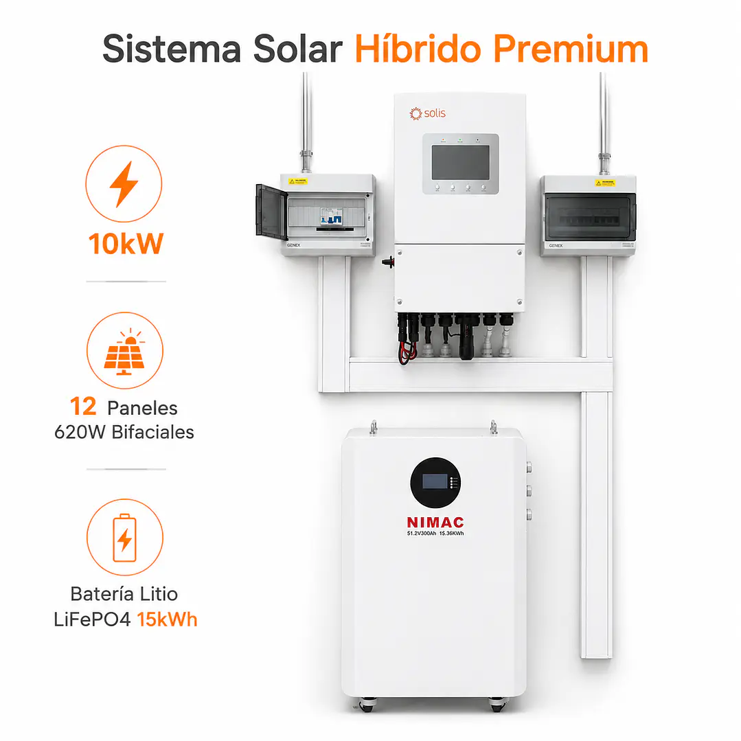 Sistema Solar Híbrido Premium 10kW, con 12 paneles bifaciales 620W y batería LiFePO4 15kWh 3