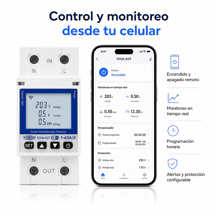Protector Eléctrico Inteligente WiFi 63A TOMZN TOVA-63T  Medidor de Energía TuyaSmart 1