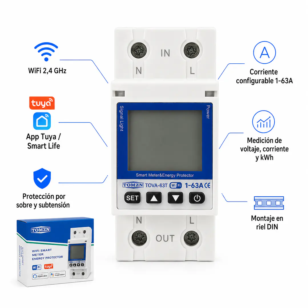 Protector Eléctrico Inteligente WiFi 63A TOMZN TOVA-63T  Medidor de Energía TuyaSmart 2