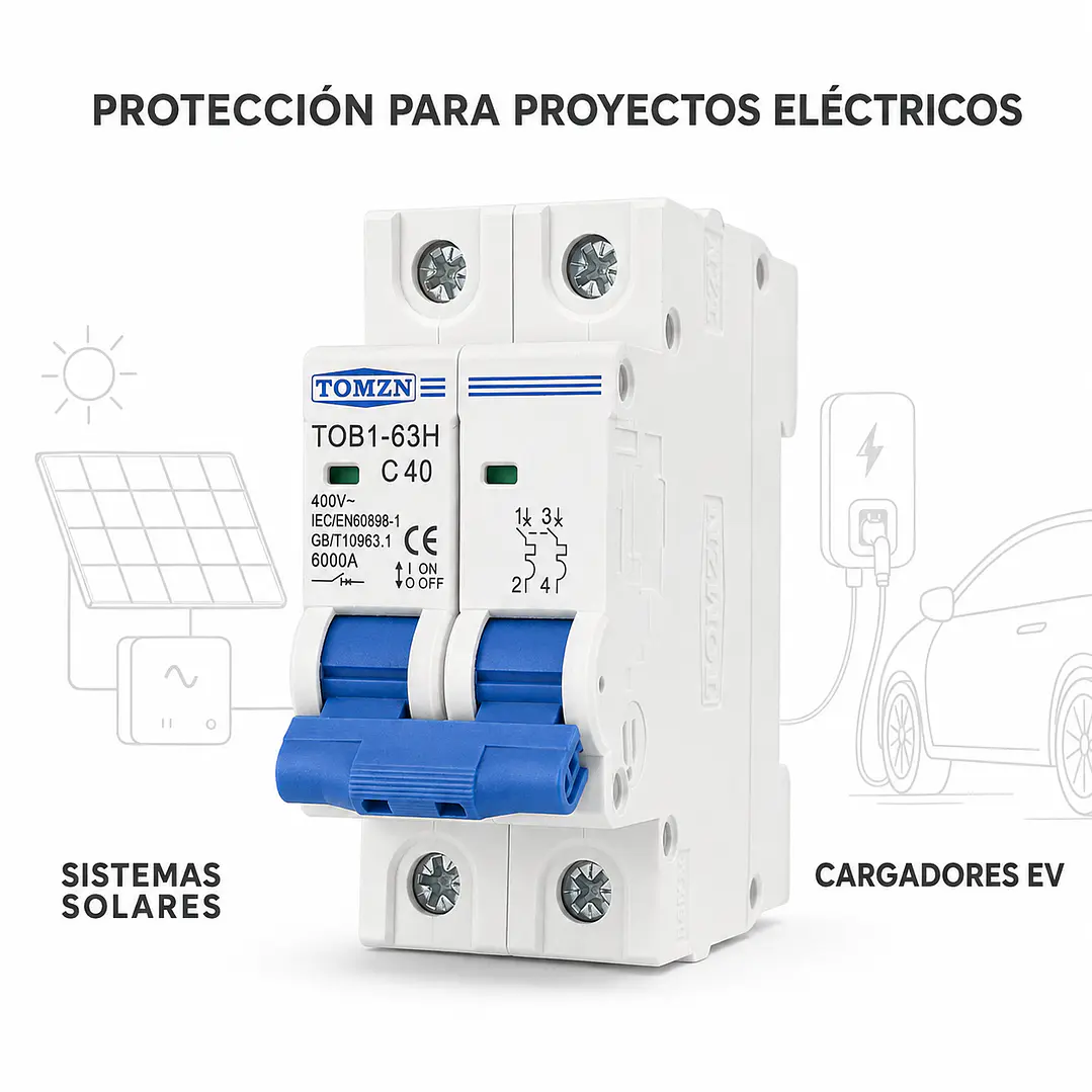 Interruptor Automático Termomagnetico TOMZN Bipolar 40A, para Tableros Solares y Cargadores EV 2